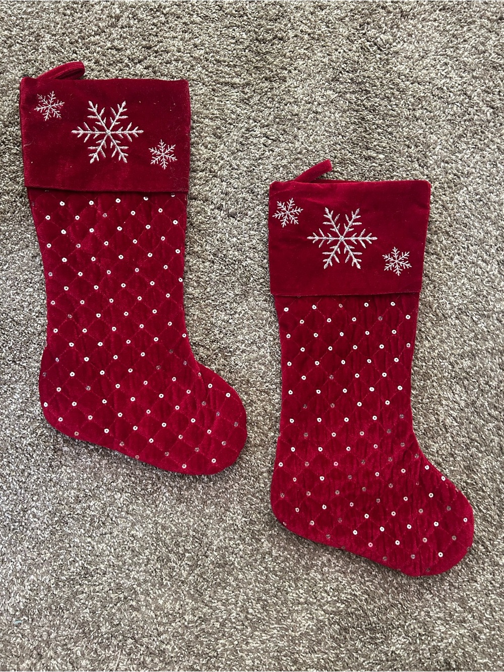 Red Velvet Christmas Stockings with Silver Snowflake Accents - Set of 2